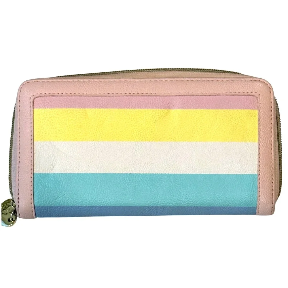 Betsey Johnson Pink Bow Striped Zip Around Wallet Pastel Gold Heart Charm EUC